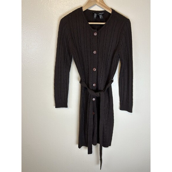 Vintage M Sweater Cardigan Wool Cable Knit Fisherman Academia Brown Duster - Picture 1 of 3